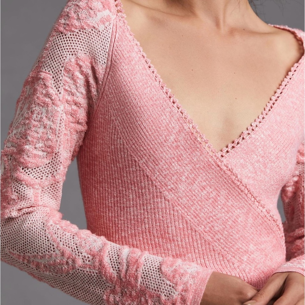 Anthropologie XS pink faux-wrap sweater with mesh embroidered sleeves - Picture 3 of 11